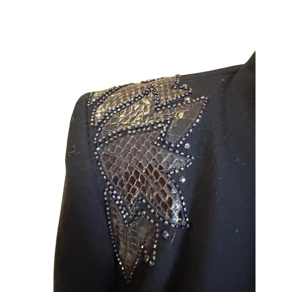 Nolan Miller Womens Bolero Jacket Skirt Set Size 6 Black Wool Snakeskin Beaded - Picture 4 of 13